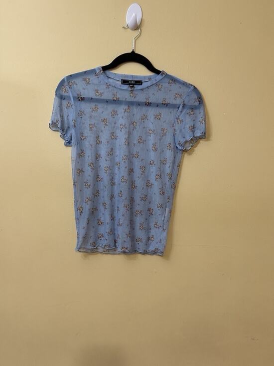 Vibe Sportwear Tops - Y2K Coquette Sheer Blue Floral Stretch Mesh Lettuce Edge Baby Tee Top Vibe XL